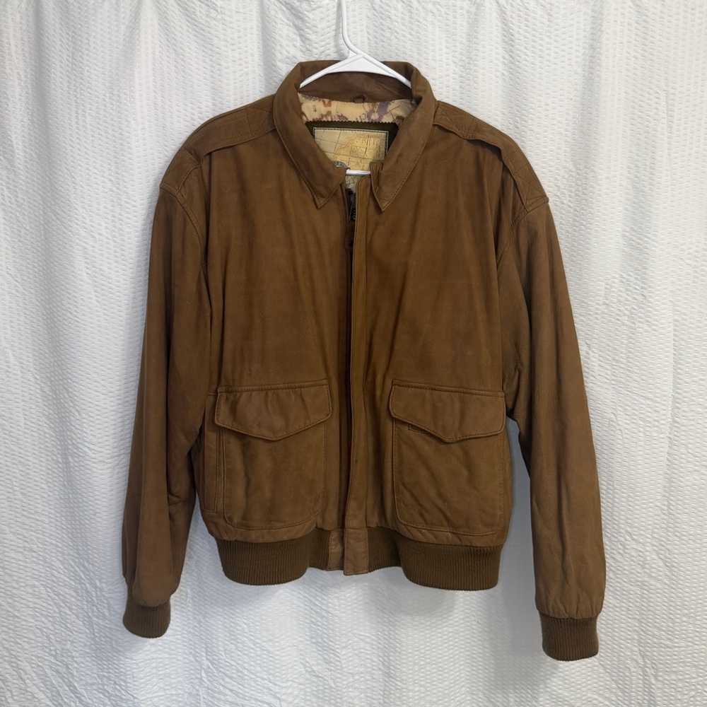 Vintage G-III Leather Jacket Mens Large Brown Leather Bomber Map Lined Aviator